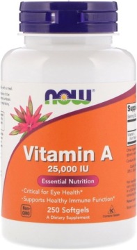 NOW Foods Vitamin A 25000 250k Witamina A Retinol Wzrok Skóra Odporność
