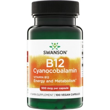 Swanson B12 Cyanocobalamin Cyjanokobalamina 500mcg 100kap Energia Odporność