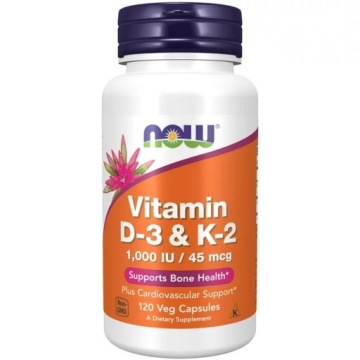 NOW Foods Vitamin D-3 & K-2 1000/45mcg 120wk Kości Układ Sercowo-naczyniowy