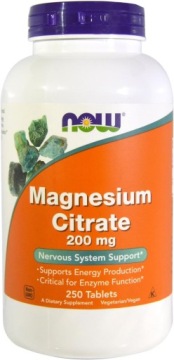 NOW Foods Magnesium Citrate 200mg 250tab Cytrynian Magnezu Kości Mięśnie
